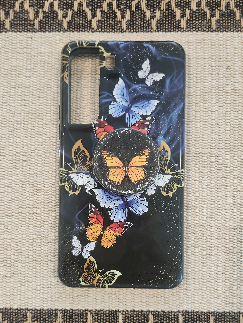 Samsung Galaxy S22 Butterfly Pattern Black Phone Case with Pop Socket